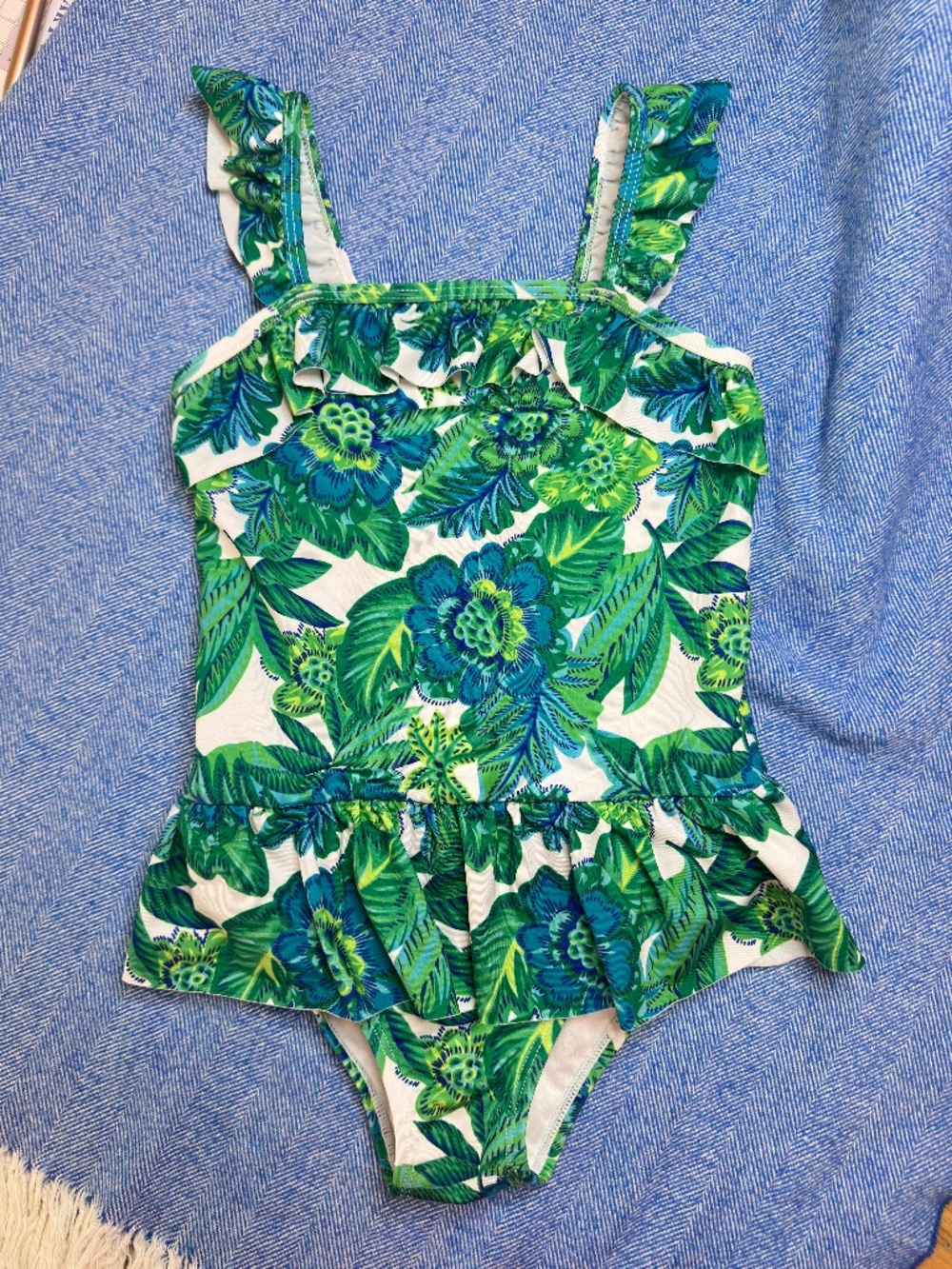 Janie & Jack Tropical Floral Ruffle One-Piece Swimsuit Size 6 Green Blue